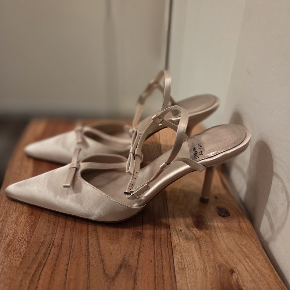 Jeffrey Campbell Satin Pointed-Toe Slingback Heels in Champagne